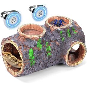 Magnetic Reptile Hideout Cave with Feeding Dish, Resin Hollow Log Habitat Decor for Bearded Dragons, Geckos, Lizards & Snakes - Durable Multi-Functional Tank Accessories