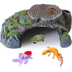 Resin Reptile Hide Cave,Leopard Gecko Cave Hideout Reptiles Habitat Tree Stump Decor Lizard Tank Climbing Ramp Basking Platform Accessories for Gecko Hermit Crab Turtle Frog Spider Scorpion