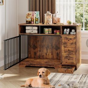 Dog Crate Furniture for Small Dogs, Wooden Dog Kennel Indoor with Storage Shelves, 3 Drawers & Hidden Bowl, Modern Pet Cage Side End Table, up to 120 lb, 48" L, Steel Lock, Black