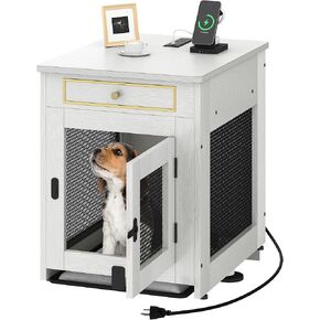 DWVO Dog Kennel Furniture with Dual USB Charger, Dog Crate End Table with Tray, Wooden Dog Crate Furniture with Cushion for Small Dogs, White