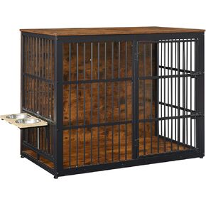Dog Crate Furniture, 48 Inch Dog Kennel Furniture, Wooden Dog Crate Furniture Large Breed with Rotating Bowls, Heavy Duty Dogs Cage Furniture Indoor, Decorative Crates End Table, Brown