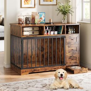 48 Inch Dog Crate Furniture, Farmhouse Dog Kennel with Dog Bowl & Storage Drawers, Heavy Duty Pet Crate Table for Medium Small Dogs for Living Room, Entryway, Retro Brown