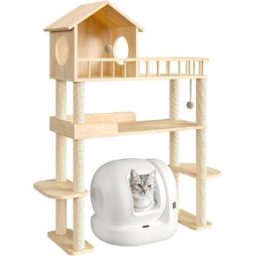 Cat Tree, Litter Box Furniture with Scratching Post, Multi-Level Solid Wood Climbing Cat Tower for Self Cleaning Litter Box, with Sisal Rope Post & Cat House, Burlywood