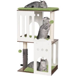 Fourfurpets 43.7in 3 مستويات Cat Modern Tree Tower Condo ، وظائف خدش القط للقطط الداخلية ، لوحة كبيرة ، اثنان 19.7 بوصة خدش سيزال الكامل ، أبيض