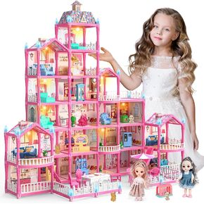 Dolls Huge House for Girls ، 6 story Dream Dolls Girls Houses with 4 Dolls Toy Toy Toy ، الأثاث والاكسسوارات ، LED Light ، هدايا لعبة Play Play للفتيات الصغيرات 3 4 5 6 7 8 9 10+