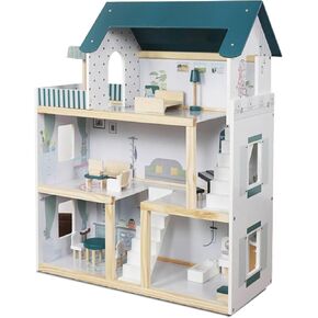 تم تضمين Lil 'Jumbl Kids Wooden Dollhouse ، و 17 قطعة إكسسوارات وأثاث ، مع شرفة وسلالم ، 3 طوابق سهلة تجميع Doll House Toy - Blue