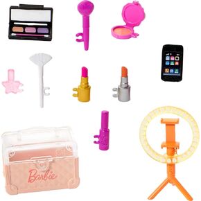 تم تعيين إكسسوارات تعليمية Barbie Makeup مع 12 قطعة لعب القصص بما في ذلك Mini Case و Lipsticks و Ring Light & More