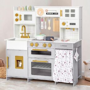 Labebe Wooden Kids Play Kitchen ، مجموعة مطبخ للألعاب مع الكثير من ميزات اللعب وأدوات الطهي ، وملعب المطبخ الصغار المصممة بأسلوب منزلي عصري للبنين الفتيات