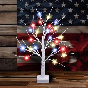 24 Inch 4th of July Decorations Patriotic Tree Lights, 24 LED Red White Blue Star Lights, USB/Battery Operated Lighted Tabletop Artificial Birch Tree for Independence Day Home Table Party Decor