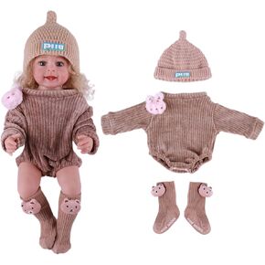 Babeside 3 PCS Reborn Baby Doll Cloths مقابل 17-22 بوصة دمى ، أنماط حيوانية ضباط ملحقات الملابس مع جوارب قبعة لدمى الأطفال حديثي الولادة ، بنية