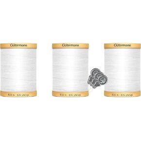 Thround Gutermann Natural Cotton Thread (876YD/800M لكل منهما) حزمة 3 عبوات مع 3 Bella's Crafts Needle Threaders (Egg White-919)