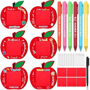Supervitae 24 Set Teacher Appreciation Gifts Bulk Wooden Sticky Note Holder with Glitter Ballpoint Pens Shape Pencil Organizer Teaching Thank You Gift for Women Men Desk Sign Office(Yellow,Pencil)