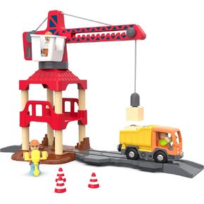 إكسسوارات القطار الخشبية هندسة رافعة للطفل ، Train Toy Toy Tower Tower Tower 3-level للعب الإبداعي ، ملحق المسار السكك الحديدية متوافق مع Thomas & Friends ، Brio ، Chuggington