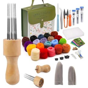 Felting Needle with Eight Needles Too, Wool Roving 20 Colors Set, Craft Wool Felt Stitch Punch Tool with Solid Wood Handle Felting Eight Needles Tool with Finger Cots (Green Bag)