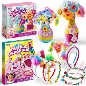 Klever Kits Button Button Flower Craft مع 2 مزهريات ومجموعة من طقم عصبة الرأس لفتيات تصميم الأزياء DIY