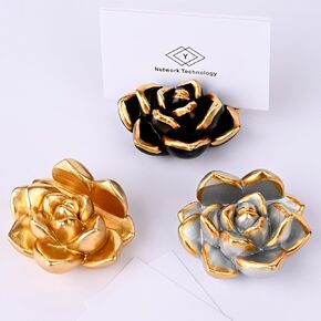Resin Succulent Business Card Holder - Gold, Silver, Black Set of 3 - Modern Desk Organizer and Card Display Stand for Office & Home - Vertical Name Card Holders - Handmade Unique Gift & Desk Decor