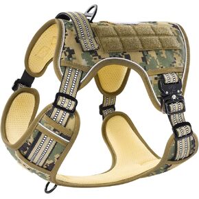 PawsPassion Tactical Dog Harness for Large Dogs, Chew-Proof Metal Hardware, Heavy Duty No Pull Dog Harness, Reflective Strips, Adjusting Ring, MOLLE System, Hook and Loop Panel (Sandstone, L)