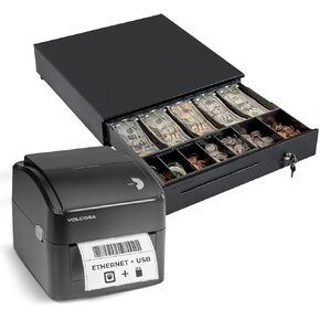درج Volcora 16 "تسجيل نقدي مع 5 Bill/7 Coin Tray ، فتحات قابلة للتعديل ، فتحة القفل والوسائط المفاتيح + طابعة التسمية الحرارية 4x6 ، Ethernet/USB متوافقة ، بدون inkless ، لأنظمة POS و Small Business Shippi