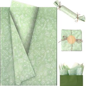 Linbystore 60 Sheets Sage Green Wildflowers Paper ، ورق الأنسجة الأزهار الخضراء ذات الأزهار البيضاء النباتية لبوهو.