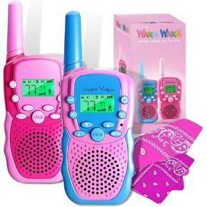 Waka Waka Walkie Talkies for Kids (حزمة ، وردية اللون والأزرق الفاتح)-مجموعة طويلة المدى في اتجاهين مع Bandanas وصفارات-رائعة للعب الداخلي أو الخارجي-هدية للبنين والبنات
