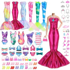 56 Pcs Doll Clothes and Accessories - Mermaid Dresses Beach Swimsuits Kit for 11.5in Dolls, Fashion Dress Up Toys for 3-12 Years Kids Girls Birthday Gifts