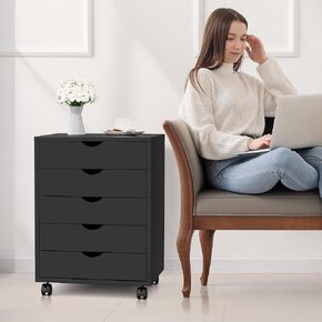 Simple Deluxe 5-Drawer Chest, Office Storage Dresser File Cabinet with Wheels, Mobile Dresser for Home Office, Black