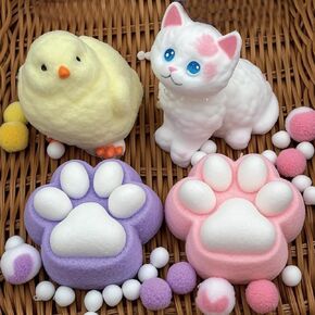 Taba Squishy 4-Pack Bundle - Fufu Squishy Toys Set with Chick, Giant Cat & 2 Paw Squishies, Soft Slow-Rise Stress Relief Sensory Toys for Kids Adults Anxiety Relief