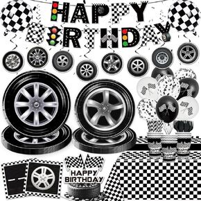 Cocomigo 187pcs Race Car Car Decortations for Boys ، وتشمل زينة حفلة عيد ميلاد ذات طابع للسيارات لوحات بانر سميكة 2 بالاتينات لافتة للأطفال ، مجموعة أدوات المائدة ، مجموعة 25