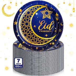 100 PCS Eid al Adha Ramadan Party Decorations Supplies Eid Adha Paper Paper Plate Bulk 7 Ings يمكن التخلص منها.