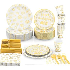 24 Guests 168 Pcs Thanksgiving Vibrant Gold Disposable Napkins Plates Cups Set for Autumn Thanksgiving Dinner Party Decorations, Thankful and Grateful in Perfect Happy Celebrations, MP13