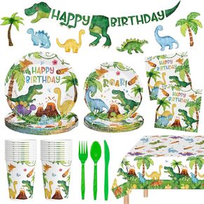 170 PCS Dinosaur Decortations - Jungle Dino Party Supplies ، تشمل لوحات عشاء عيد ميلاد سعيد مناديل ، أدوات ، لافتات وكؤوس لزخارف حفلات الديناصورات ، تقدم 24