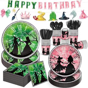 169pcs Kids Wizard Birthday Tableware Table for Witch Party Decorities ، تشمل لافتة Cups Pink and Green Plates Napkins لإمدادات حفلات عيد ميلاد الساحرة ، خدمة 24