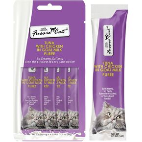 تونة Fussie Cat Premium مع الدجاج في هريس حليب الماعز ، وعلاج قطة لعق ، حزمة 0.5 أوقية من 4