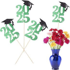 MIXTEACH 15 قطعة 2025 حزب التخرج عصي مركزية بريق GRAD CAP CAP القطع المركزية لجداول فئة 2025 TOPPER TOPPER لمستلزمات التخرج طاولة الجدول الزخرفة ، الأخضر