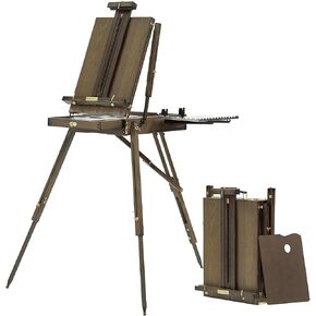 French Easel for Painting, Deluxe Oak Wooden Field & Studio Sketchbox Easel Stand with Metal Side Tray, Portable Tabletop & Tripod Floor Painting Easel, Holds Canvas up to 34"- Grey Walnut