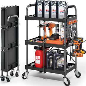 KINGRACK 3 Tier Rolling Tool Cart with Wheels and Ergonomic Handle, Heavy Duty Foldable Utility Service Cart with Organizer Shelf, Multifunctional Storage Organizer, Practical for Home, Office, Garage