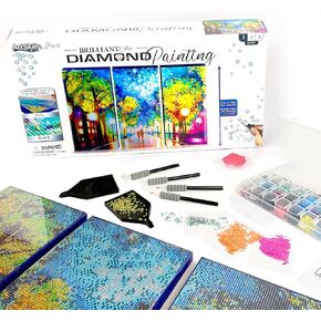 مجموعة الطلاء الماسي من ArtSkills، لوحة قماشية جاهزة للتعليق بإطار من الألماس مع مجموعة تخزين وملحقات، غابة، 3 لوحات قماشية ممتدة، مقاس 14 بوصة × 7 بوصة لكل منها