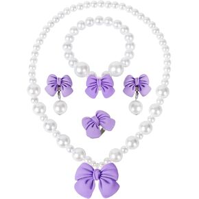 Princess Jewelry for Little Girls, Handmade Bow Pearl Kids Jewelry Set, Stretch Necklace Bracelets Rings and Clip on Earrings, Perfect for Dress Up, Birthday Parties, and Costume Play