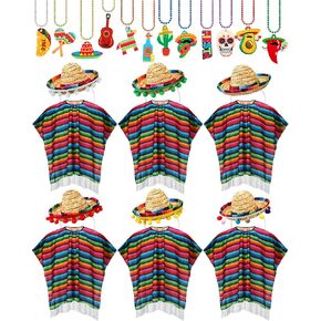 Panitay 24 PCS Mexican Poncho and Sombrero Set and Fiesta Netclaces Bead ، Cinco de Mayo Meo Meoxican Fiesta serape poncho with Straw Sombrero Haptonds costum