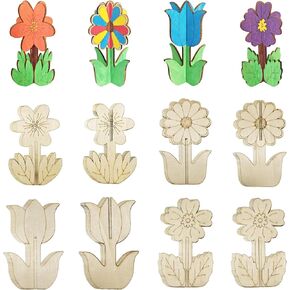 DIY 3D Flower Spring Wood Crafts to Paint, Spring Unfinished Wooden Slices for Craft, Flowers Ornaments for Painting Decorations (32 PCS)