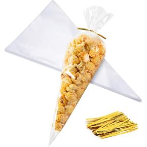 Cone Shaped Cellophane Treat Bags, 100 Pcs 7x15 inches, Clear, Disposable, Formed/Sealed, Plastic, Twist Tie, Perfect for Party Treats, Candy, Popcorn, Snack Wraps