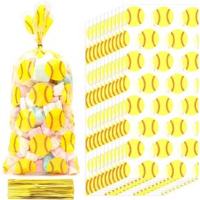 50 PCS Plastic Softball Cellophane Treat bags with Ties Goodie Candy Gift Bags Baby Shower Birthday Sport Gold Balls Game Team Party Decorations Favors Supplies Craft Baseball Pouches Clear(5x11)