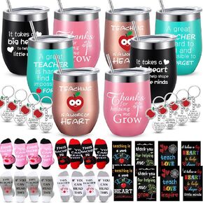 Tioncy 32 Pieces Teacher Appreciation Gift Set Including Teacher Thanks Tumblers Unisex Crew Socks Keychains Mini Journal Notepads Thank You Gift Idea for Christmas Teachers Day Birthday Graduation