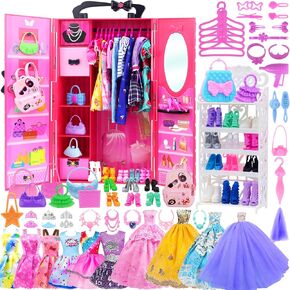 K.T. Fancy 83 Pcs Dolls & Accessories with Doll Closet Wardrobe for 11.5 Inch Doll Dress Up Set Including Wardrobe Shoes Wallet Dress Hangers Brush Necklace Pet and Other Accessories (No Doll)