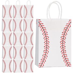 Youghuen 16 PCS Baseball Snack Bags,Baseball Paper Bags with Handle as Goodie Bags, Candy Bags for Team, Birthday Party Favors Supplies Sports Party Decoration, white