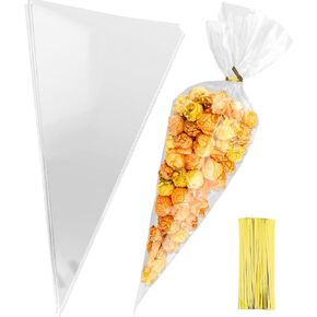 7x15 Inches Cone Shaped Treat Bags, 100 Pcs Clear Cellophane Treat Bags Plastic Cone Triangle Carrot Shaped with Ties for Fiesta Candy Popcorn Bag Cookies Snack Party Favor Gift Pouches Decorations