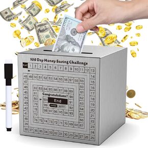 مربع توفير المال ، ضفة الخنزير غير القابلة للكسر للبالغين توفير 5،050 دولار التوفير المعدني ، و 100 يوم توفير الأموال مربع الفولاذ المقاوم للصدأ يجب أن تفتح (4.72 بوصة)