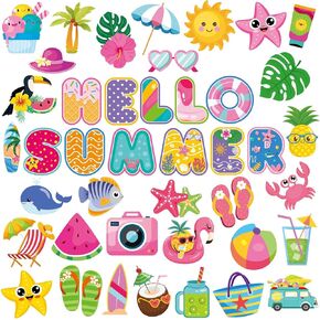 58pcs Hello Hello Summer Clutouts ، Pool Beach Hawaiian Diseor Cut Outs ، Bulletin Board Decoration Supplies للمدرسة ، الفصل ، المنزل