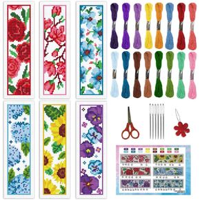 INFUNLY 6pcs Red Rose Cross Stitch Bookmark Kits DIY Sunflower Peach Blossom Embroidery Bookmark Kits for Beginners with Instruction Blue Flower Bookmark Making Kit for Book Lovers Readers Women Gifts