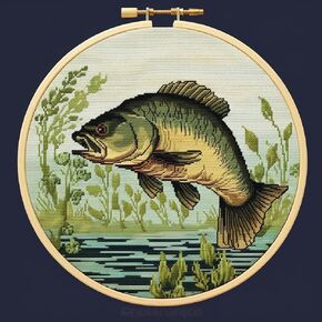 Generic Bass Fish DIY Stamped Cross Stitch Kits for Beginners Easy with Hoop 11CT Needlepoint Embroidery Counted Cross Stitch Kits Art Craft Wall Decor and Gift 35x35cm(2)
